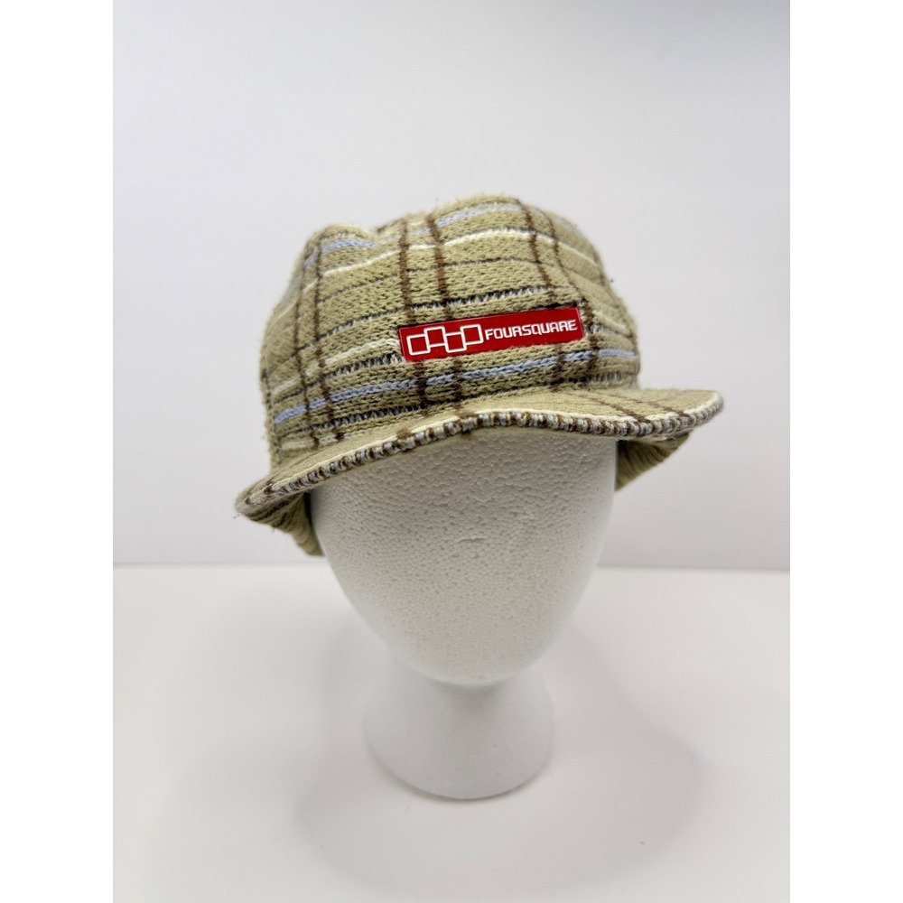VTG 1990's Foursquare Knit Visor Beanie Hat Plaid Green Brown Brimmed Cadet Cap
